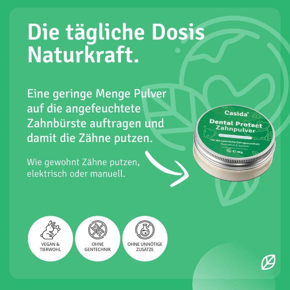 Casida Dental Protect Zahnpulver Dose. Text: 'Eine geringe Menge Pulver auf die angefeuchtete Zahnbürste auftragen und damit die Zähne putzen.'