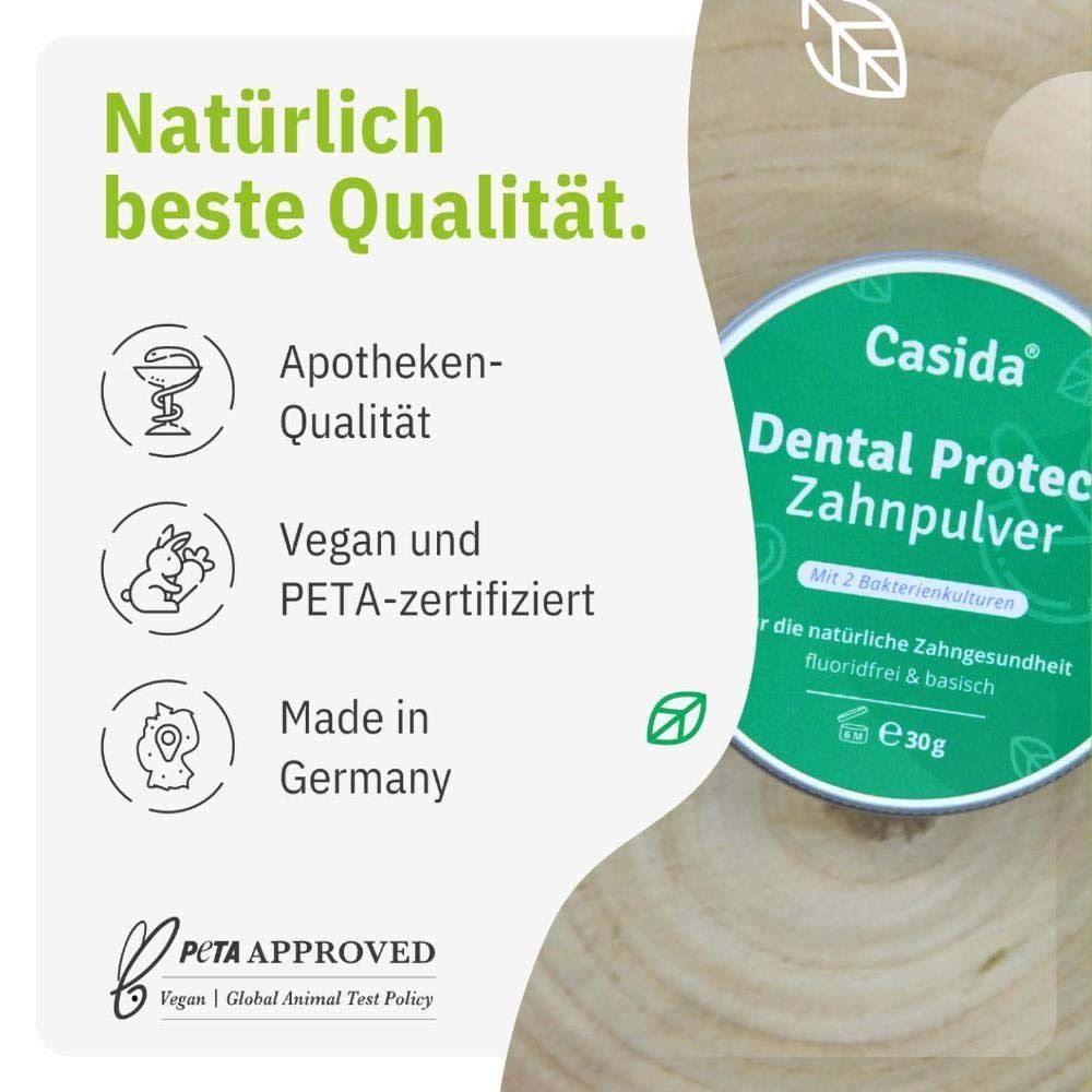 Casida Dental Protect Zahnpulver Dose. Text: 'Apotheken-Qualität', 'Vegan und PETA-zertifiziert', 'Made in Germany'.
