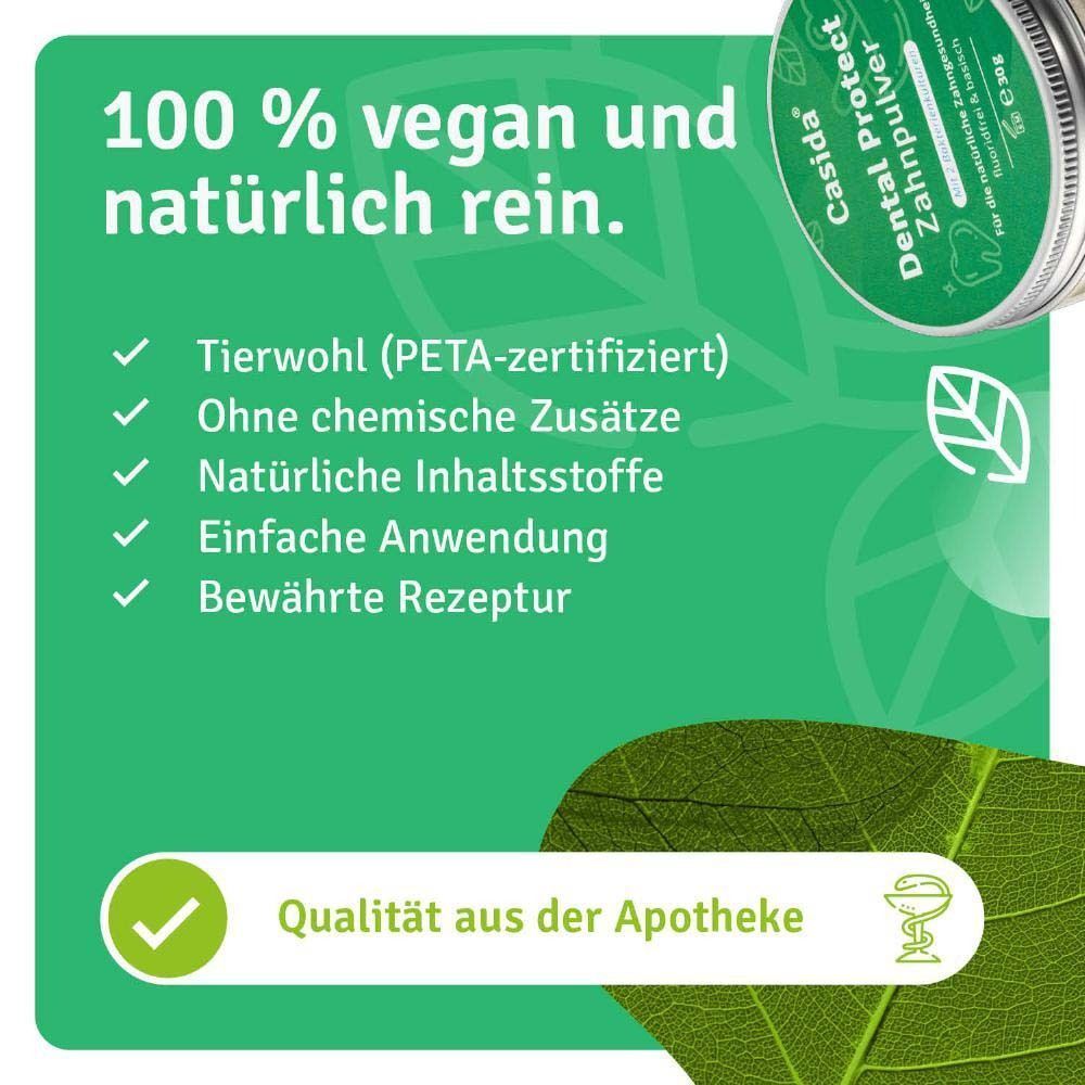 Casida Dental Protect Zahnpulver Dose. Text: '100 % vegan und natürlich rein.' PETA-Zertifizierung, ohne chemische Zusätze, natürliche Inhaltsstoffe.