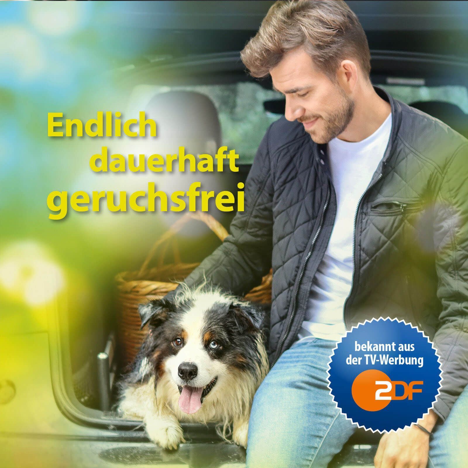 Ein Mann und ein Hund sitzen in einem Auto. Text: Endlich dauerhaft geruchsfrei. Logo: ZDF.