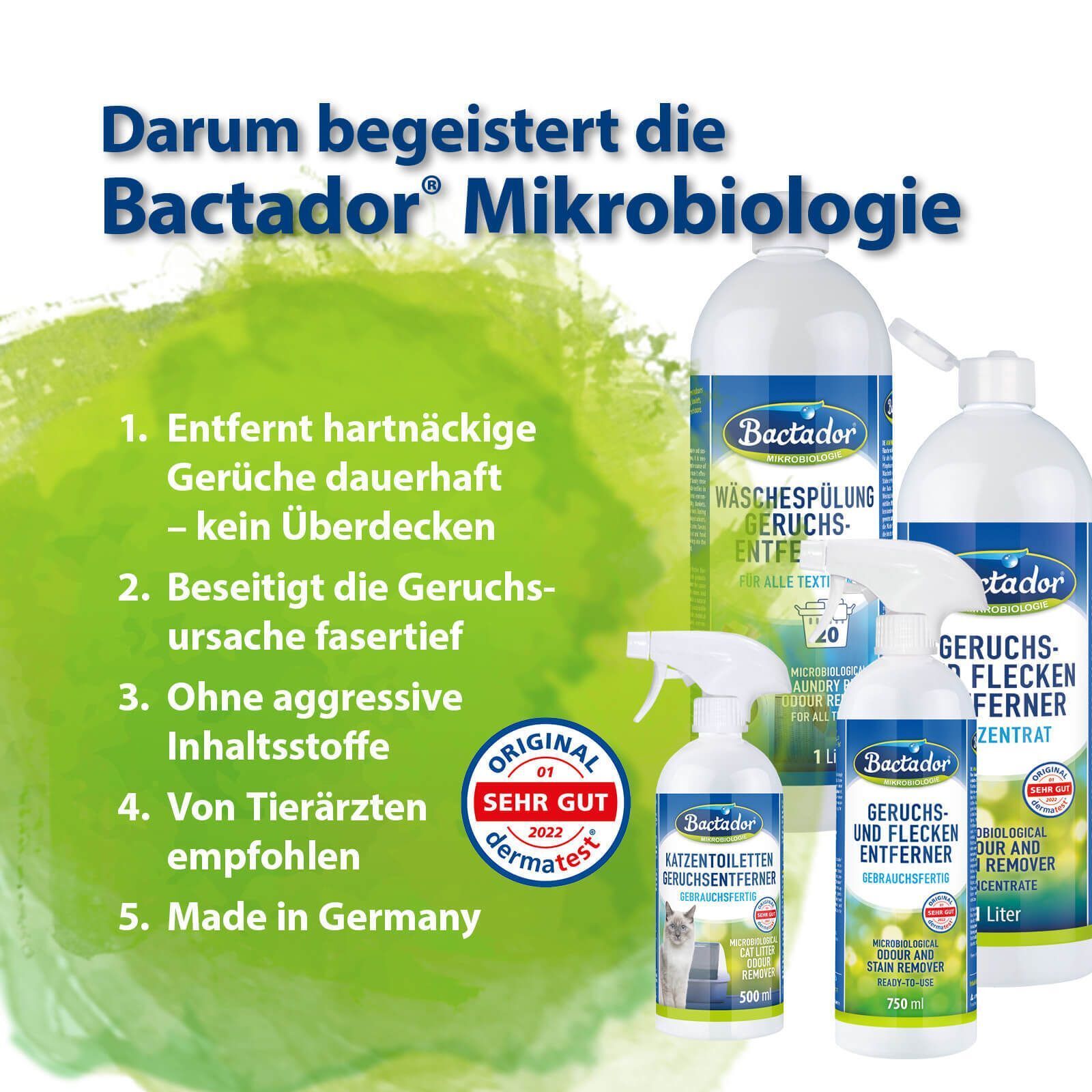Verschiedene Bactador® Produkte. Text: Darum begeistert die Bactador® Mikrobiologie. Logo: Dermatest.