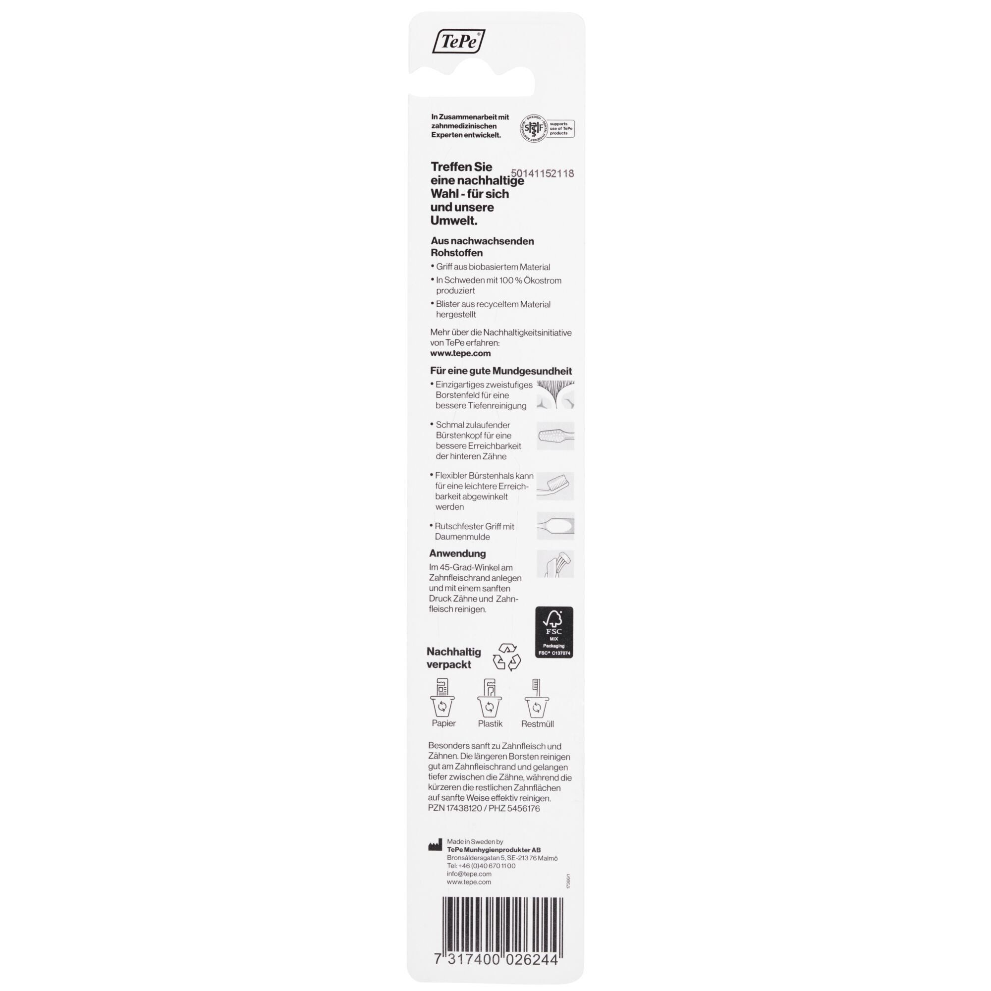 Rückseite der Verpackung. Textinformationen über das Produkt und seine Eigenschaften. Nachhaltige Verpackung.