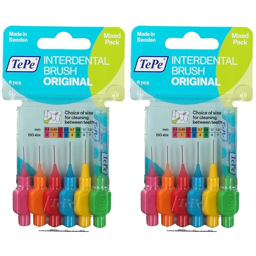 Zwei Packungen TePe Interdentalbürsten. Jede Packung enthält sechs Bürsten in verschiedenen Farben. Die Größen sind aufgedruckt.