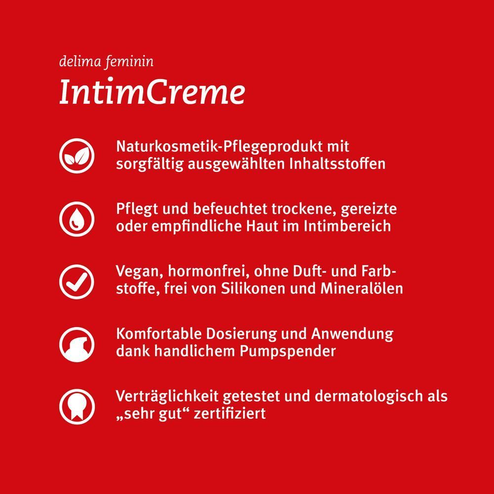 Produktinformationen delima feminin IntimCreme: Naturkosmetik, pflegt und befeuchtet, vegan, hormonfrei, dermatologisch getestet.
