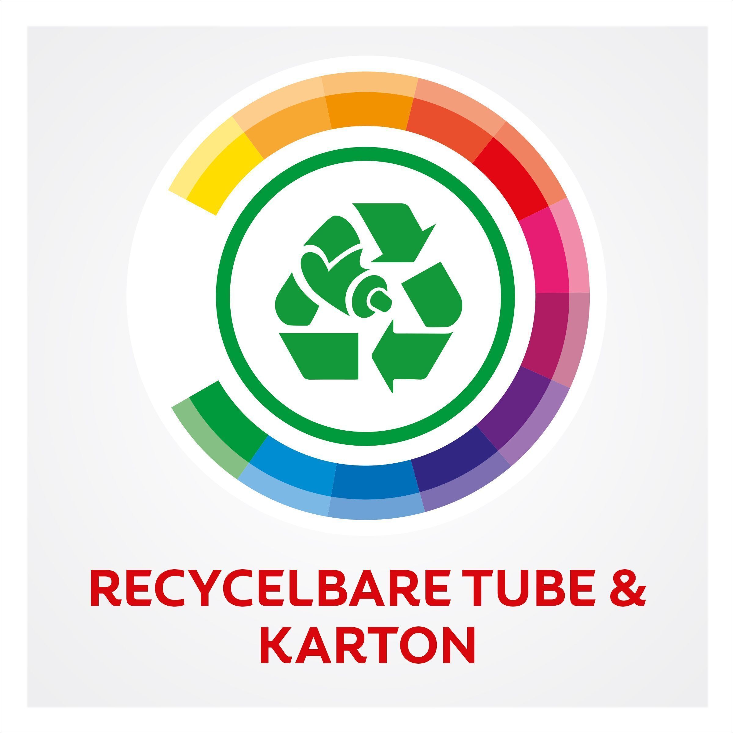 Kreisförmiges Symbol mit Recycling-Symbol. Text: Recycelbare Tube & Karton. Regenbogenfarbenes Band.