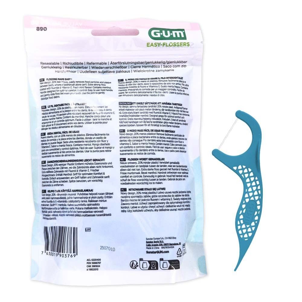 Rückseite der GUM Easy-Flossers Verpackung mit Text. Ein blauer Zahnseidehalter mit weißer Zahnseide.