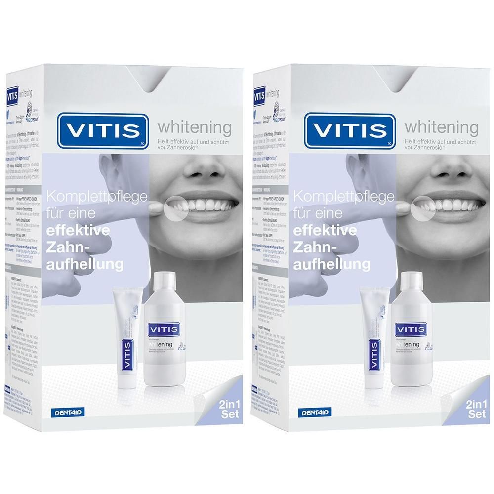 Zwei VITIS® whitening 2in1 Sets. Weiße Verpackung mit Produktabbildung und Schriftzug. Enthält Zahnpasta und Mundspülung.