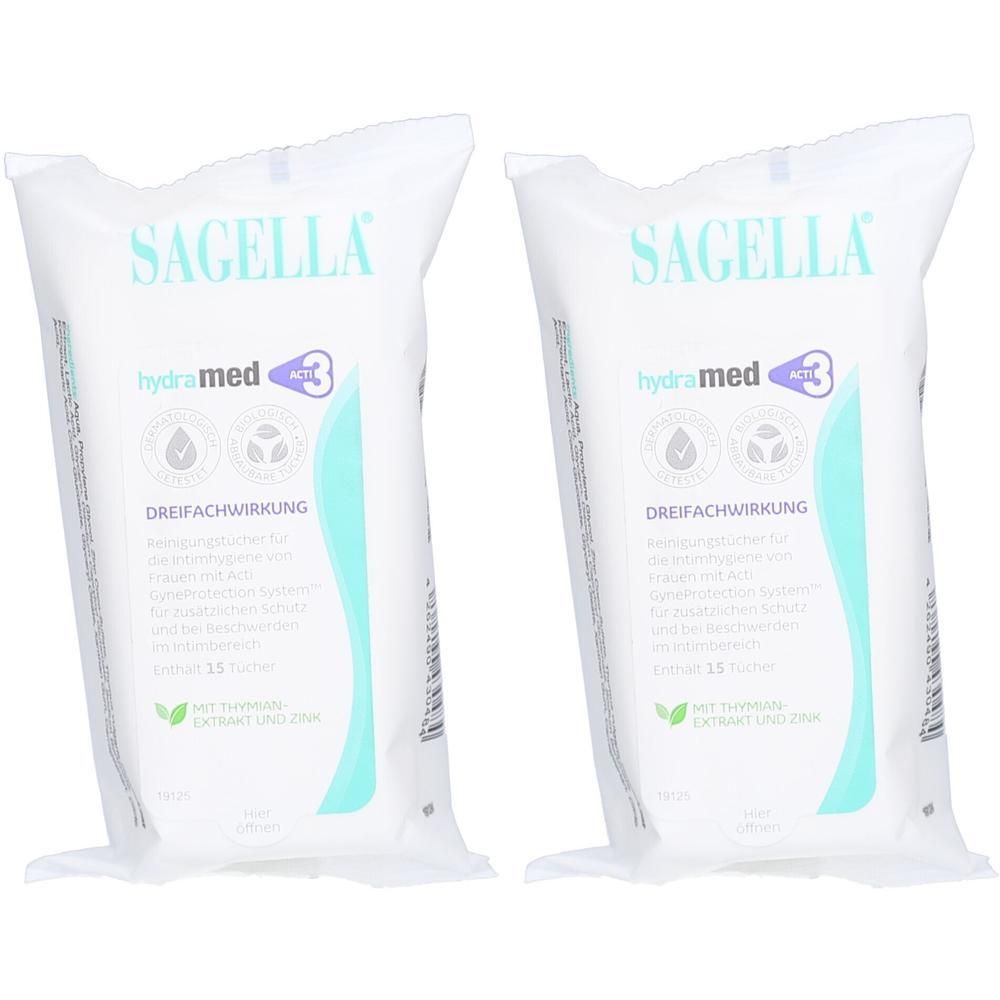 Zwei Packungen SAGELLA® Hydramed Acti3 Reinigungstücher. Weiße Verpackung mit blauer und grüner Grafik. Text: hydra med 3, Dreifachwirkung.
