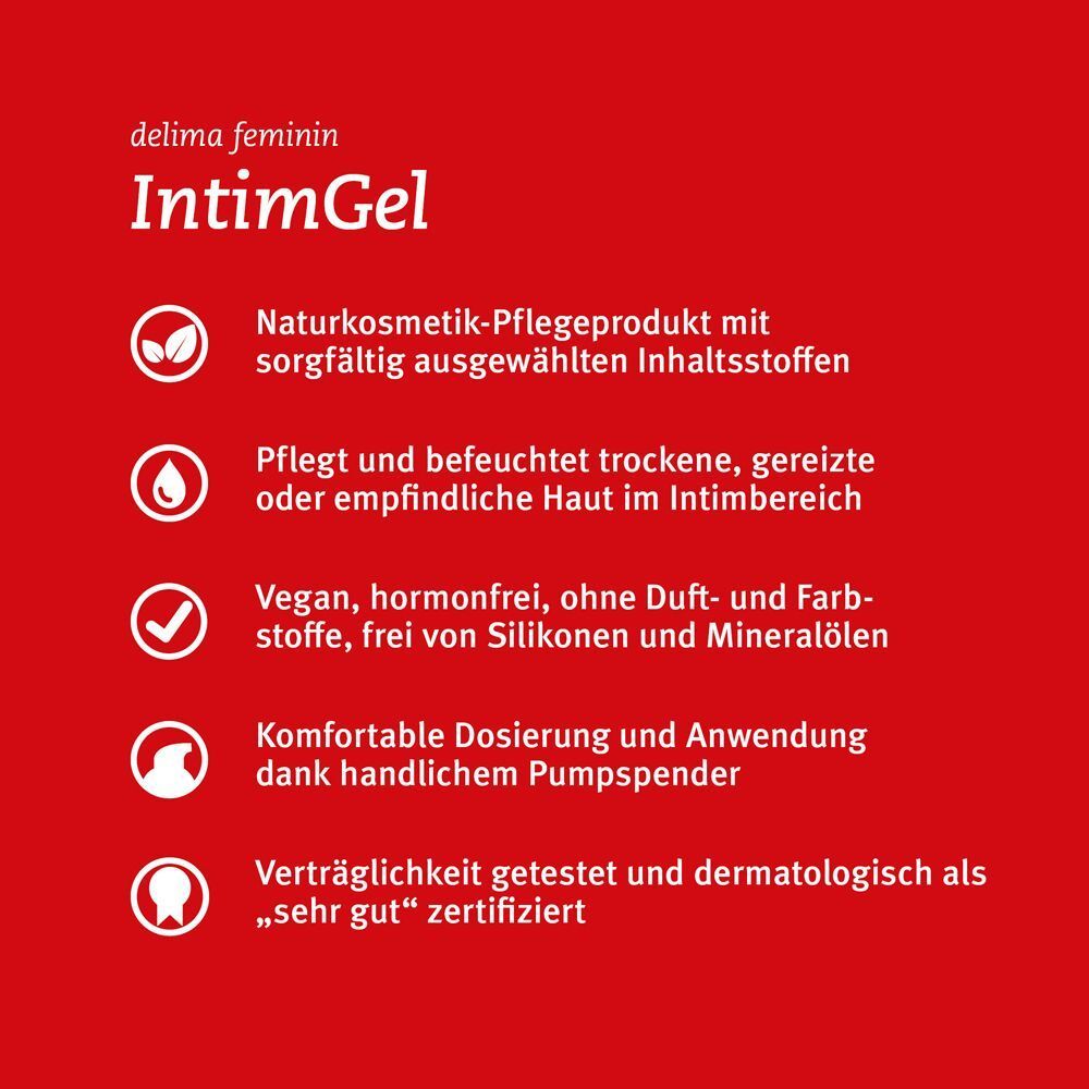 Rote Infografik mit Text zu den Vorteilen von DELIMA feminin IntimGel, wie Naturkosmetik und dermatologisch getestet.