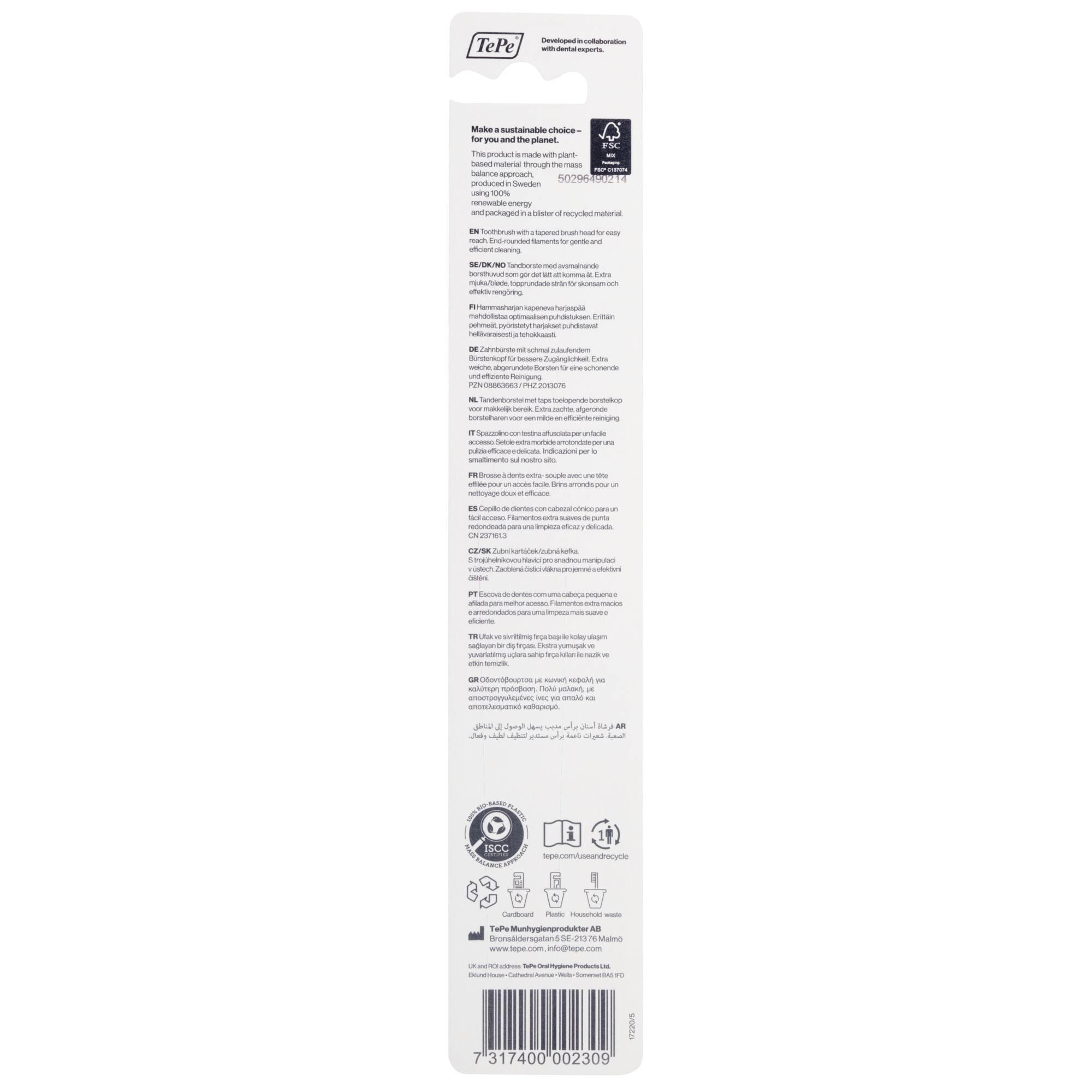 Rückseite der Blisterverpackung mit Produktinformationen und Nachhaltigkeitshinweisen. FSC-Zertifizierung.