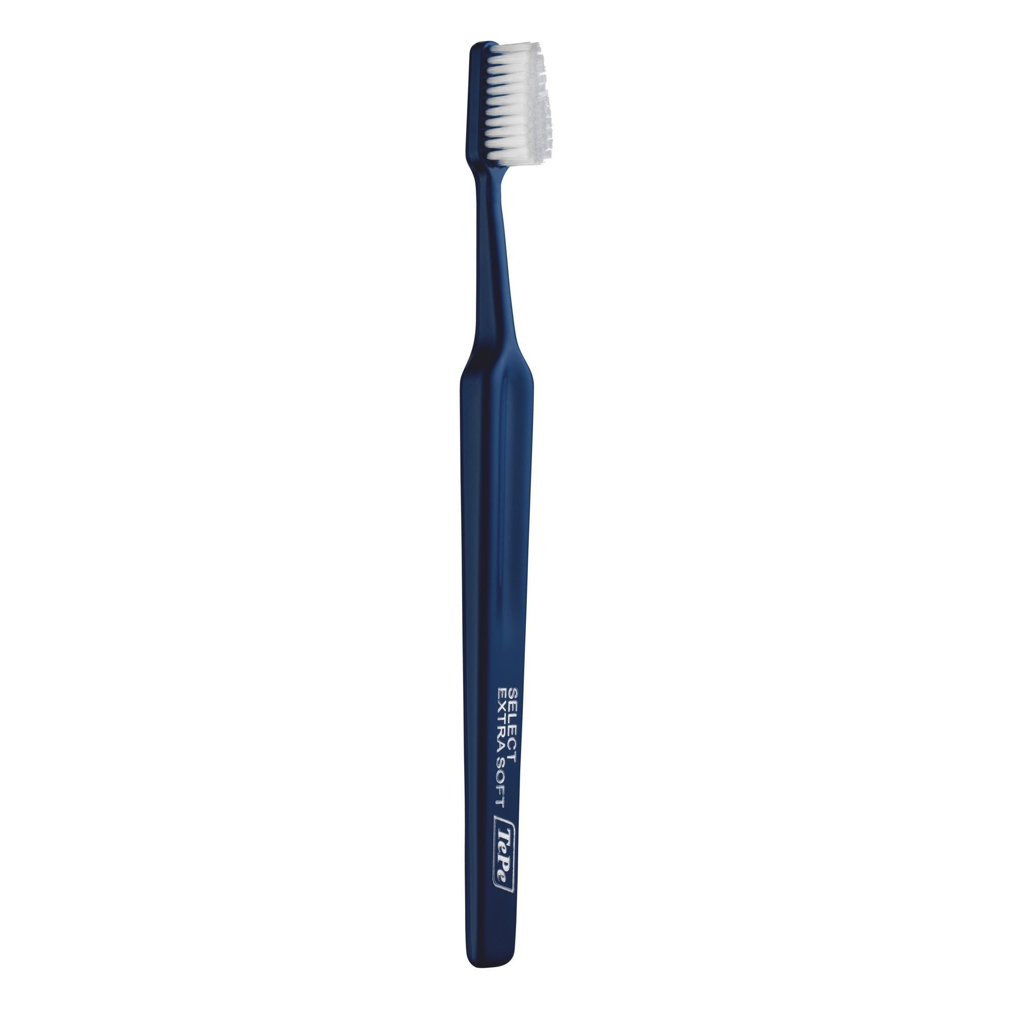 Einzelne Zahnbürste mit blauem Griff und weißem Bürstenkopf. Marke: TePe Select Extra Soft.