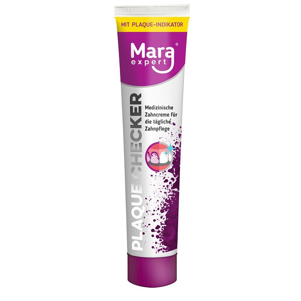Tube Mara Expert Plaque Checker Zahncreme. Medizinische Zahncreme mit Plaque-Indikator. Weißer Tube mit lila Akzenten.