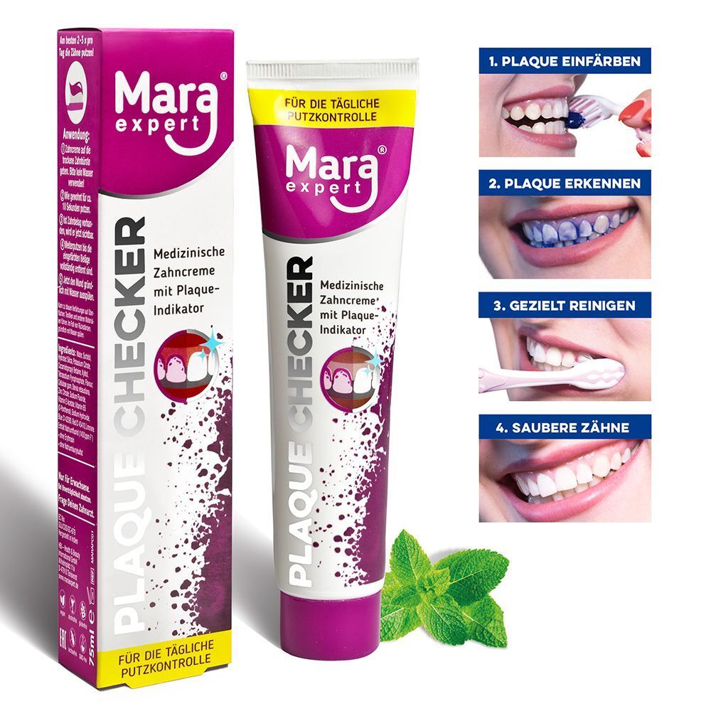 Mara Expert Plaque Checker Zahncreme und Verpackung. Medizinische Zahncreme mit Plaque-Indikator. Illustrationen zur Anwendung.