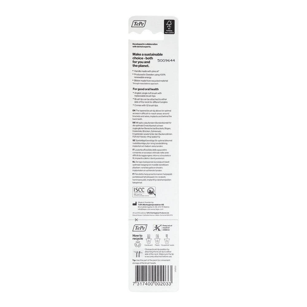 Rückseite der Blisterverpackung. Text: TePe Interspace Soft. Informationen zur Nachhaltigkeit und zum Recycling.