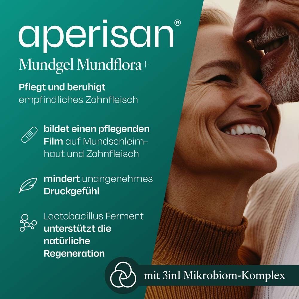 Frau und Mann lächeln. Text: Aperisan Mundgel Mundflora+. Pflegt und beruhigt empfindliches Zahnfleisch.