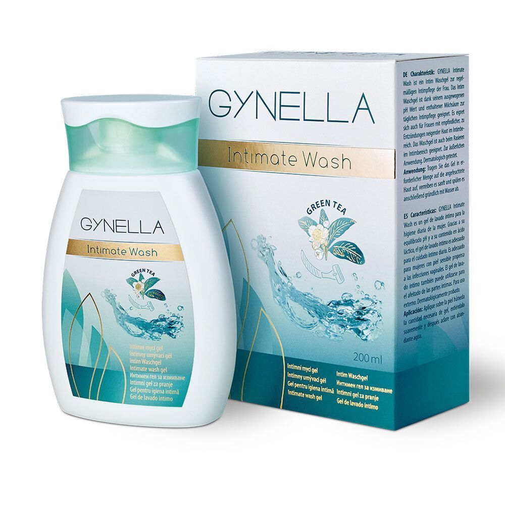 Flasche und Karton GYNELLA Intimate Wash. Flasche weiß mit blauem Deckel. Karton weiß mit Produktnamen und Text.