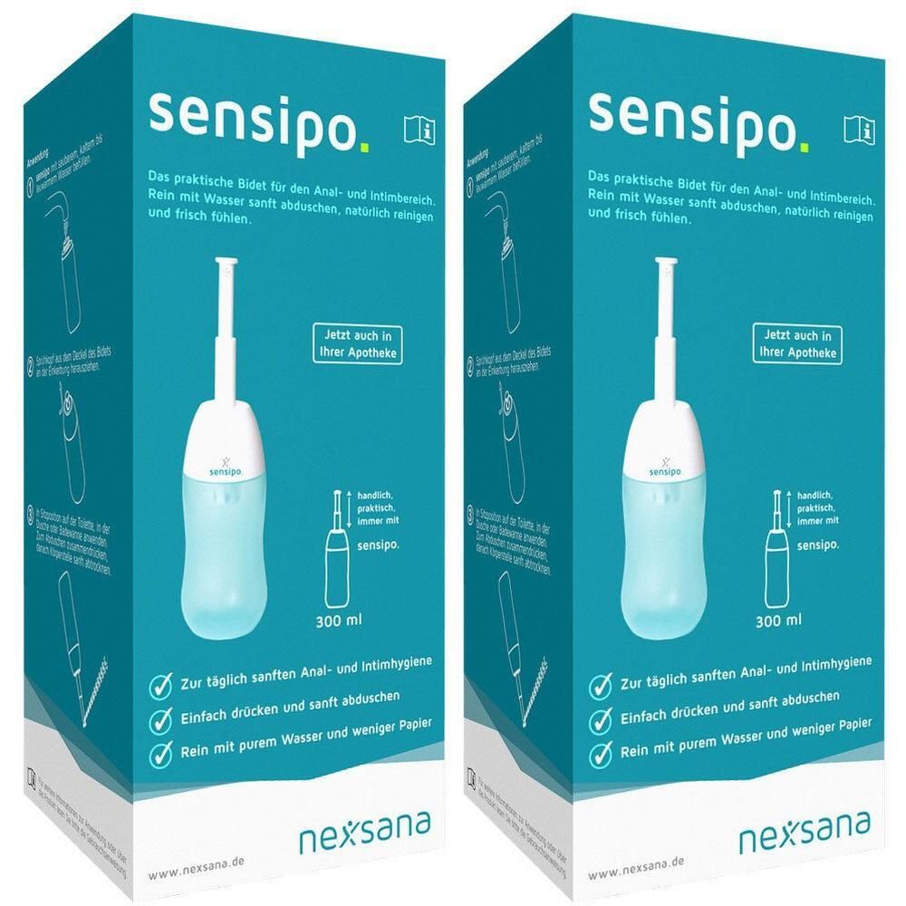 Zwei Packungen sensipo. Blaue Boxen mit Produktabbildung und Text. Aufschrift: sensipo, nexsana. Enthält eine Sprühflasche.