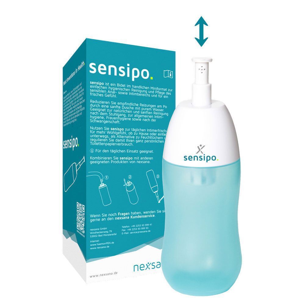 sensipo-Sprühflasche mit Box. Blaue Flasche mit weißem Kopf. Box mit Text und Produktabbildung. Aufschrift: sensipo, nexsana.