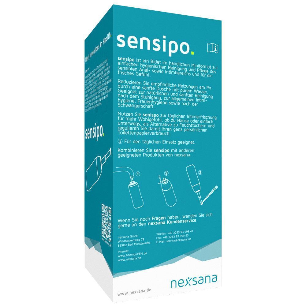 Rückseite der sensipo-Box. Blaue Box mit Text und Produktabbildungen. Aufschrift: sensipo, nexsana. Enthält Informationen zum Produkt.