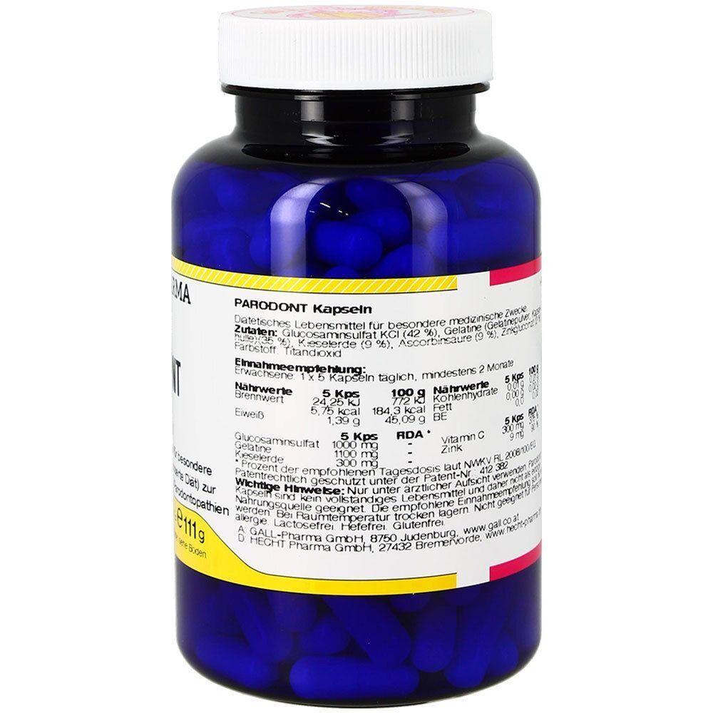Blaue Flasche mit weißem Deckel. Aufschrift: GALL PHARMA Parodont Kapseln. Gelbes und rotes Etikett mit Text und Nährwertangaben.
