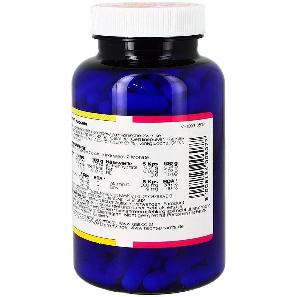 Blaue Flasche mit weißem Deckel. Rückseite mit gelbem und rotem Etikett. Text und Nährwertangaben.
