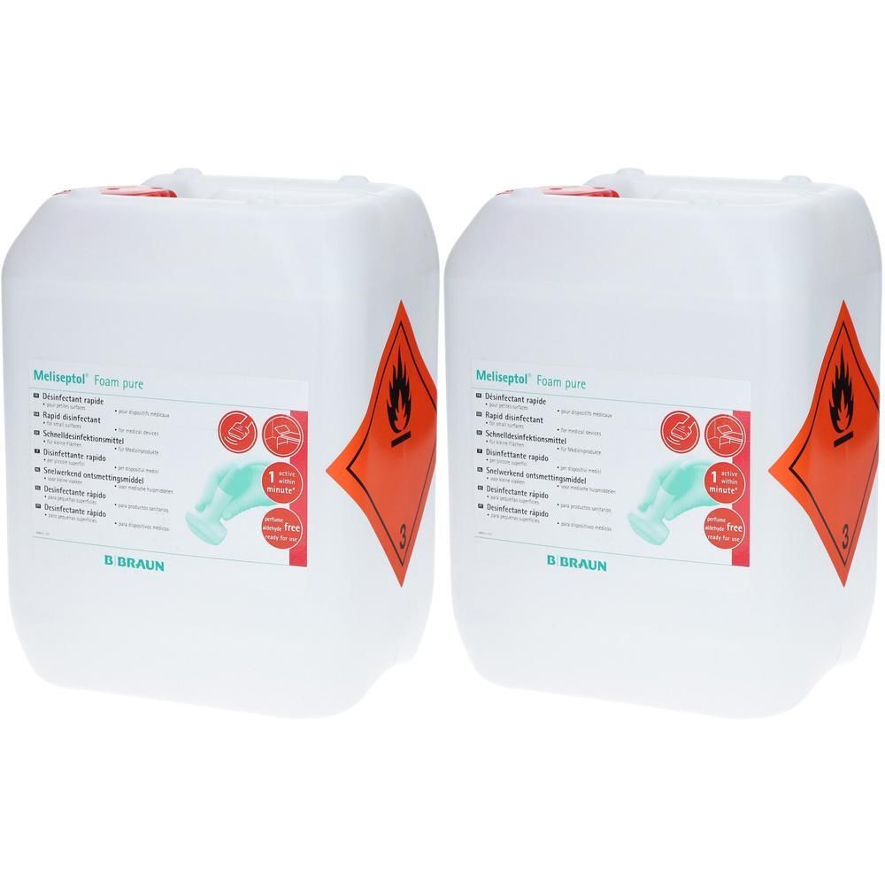 Zwei weiße Kanister mit roter Aufschrift und Etikett. Auf dem Etikett steht "Meliseptol Foam pure" und ein Brandschutzsymbol.