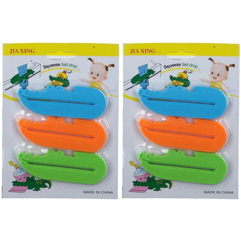 Zwei Packungen mit je drei farbigen Tubenquetschern. Blaue, orangefarbene und grüne Quetscher in Kunststoffverpackung. Aufschrift: JIA XING.