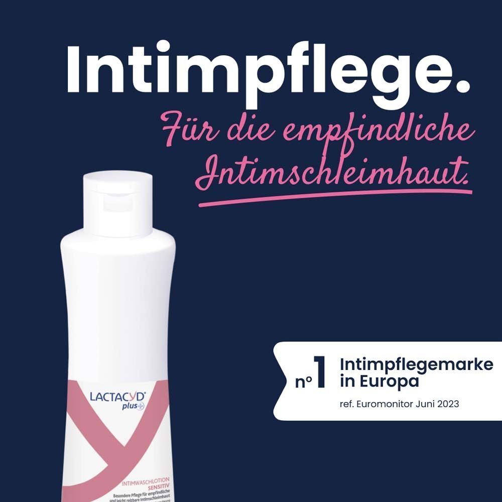 Weiße Flasche mit rosa Etikett. Text: Intimpflege. Nr. 1 Intimpflegemarke in Europa.