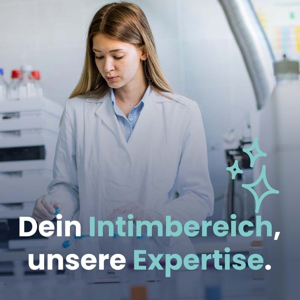 Frau im Labor. Text: Dein Intimbereich, unsere Expertise.