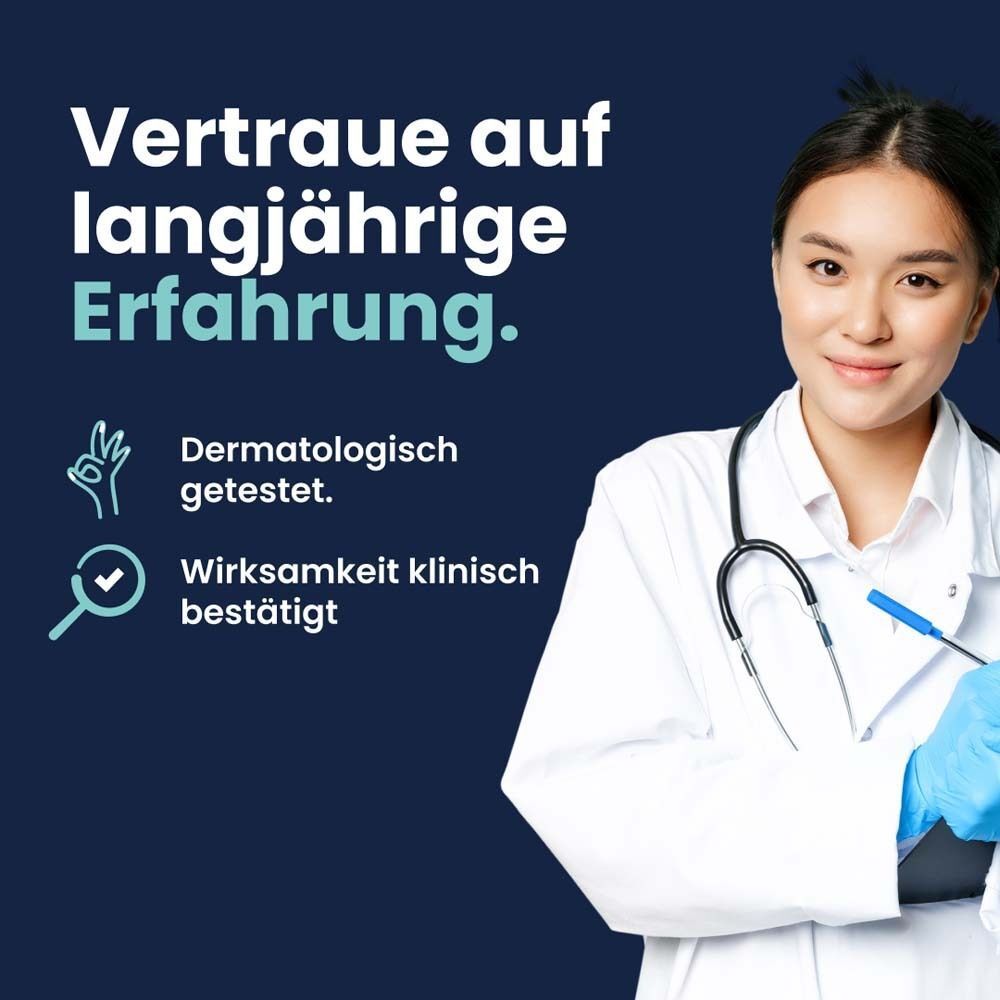 Ärztin. Text: Vertraue auf langjährige Erfahrung. Dermatologisch getestet. Wirksamkeit klinisch bestätigt.