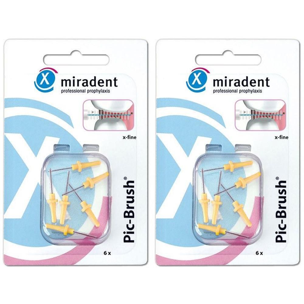 Zwei Packungen Interdentalbürsten. Jede Packung enthält sechs gelbe Bürsten mit Metallstiften. Aufschrift: miradent Pic-Brush.