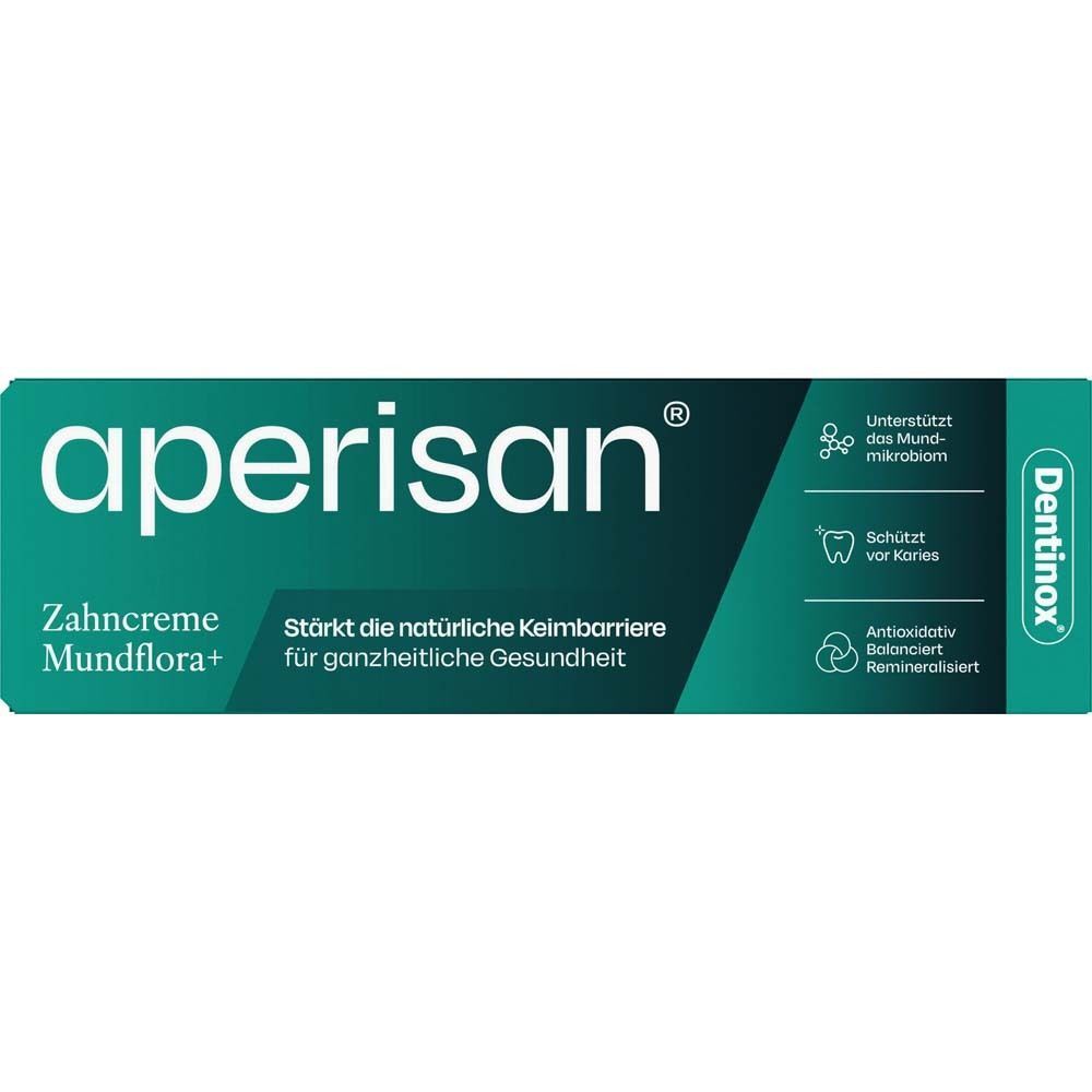 Verpackung aperisan® Zahncreme Mundflora+. Grün-weiße Schachtel. Dentinox Logo. Text.