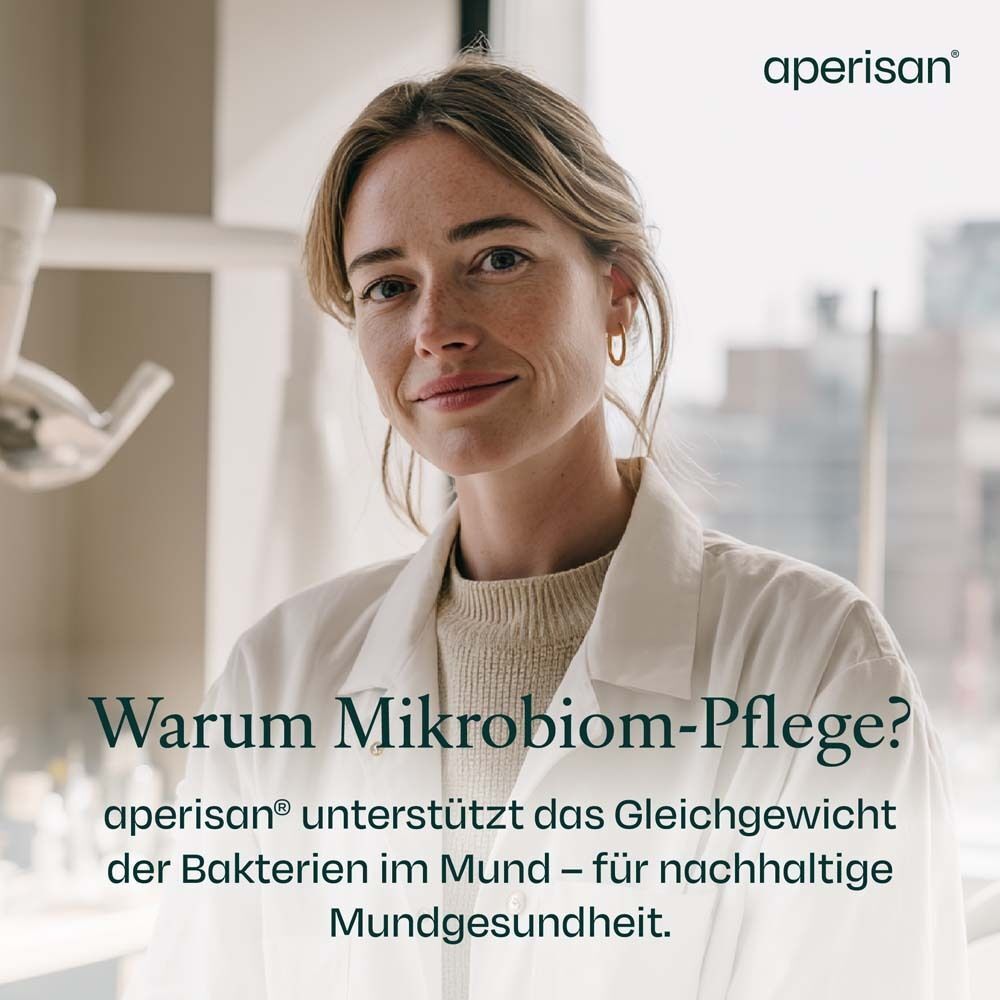 Frau im weißen Kittel. Text: Warum Mikrobiom-Pflege? aperisan® unterstützt das Gleichgewicht.