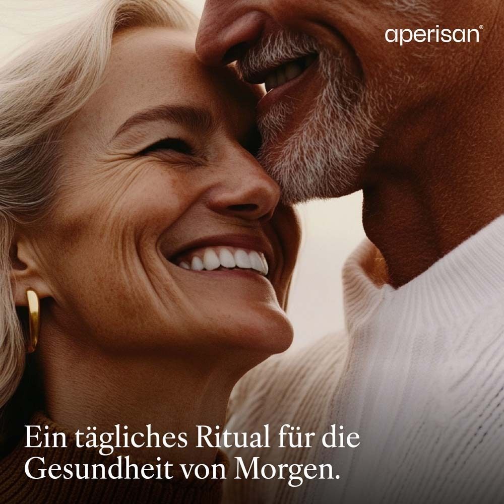 Älteres Paar. Text: Ein tägliches Ritual für die Gesundheit von Morgen.