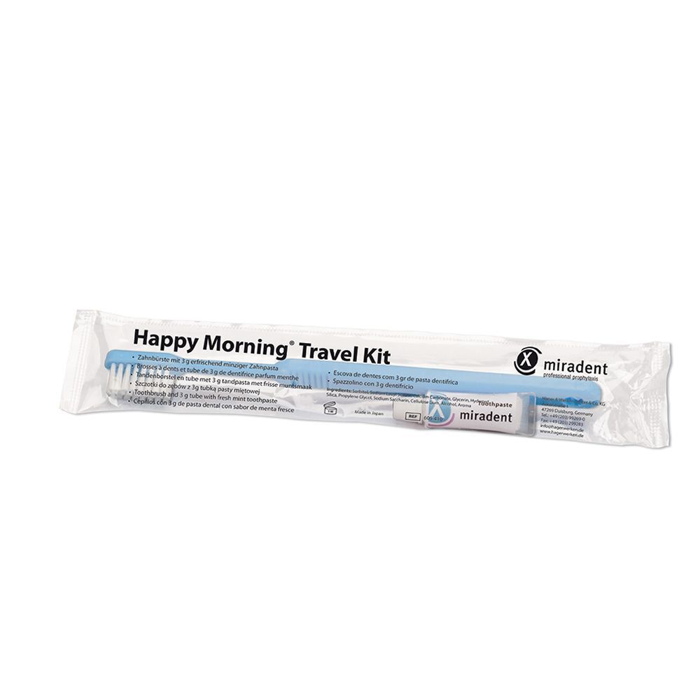 Verpacktes Happy Morning® Travel Kit. Enthält Zahnbürste und Zahnpasta. Marke: miradent.