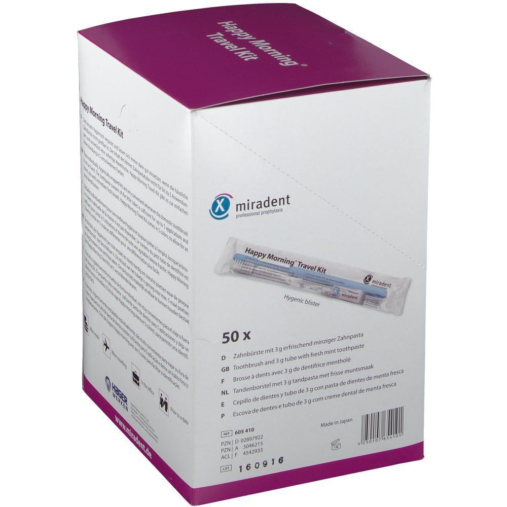 Verpackung von Happy Morning® Travel Kit. Enthält 50 Kits. Marke: miradent. Mit Hygiene-Hinweis.