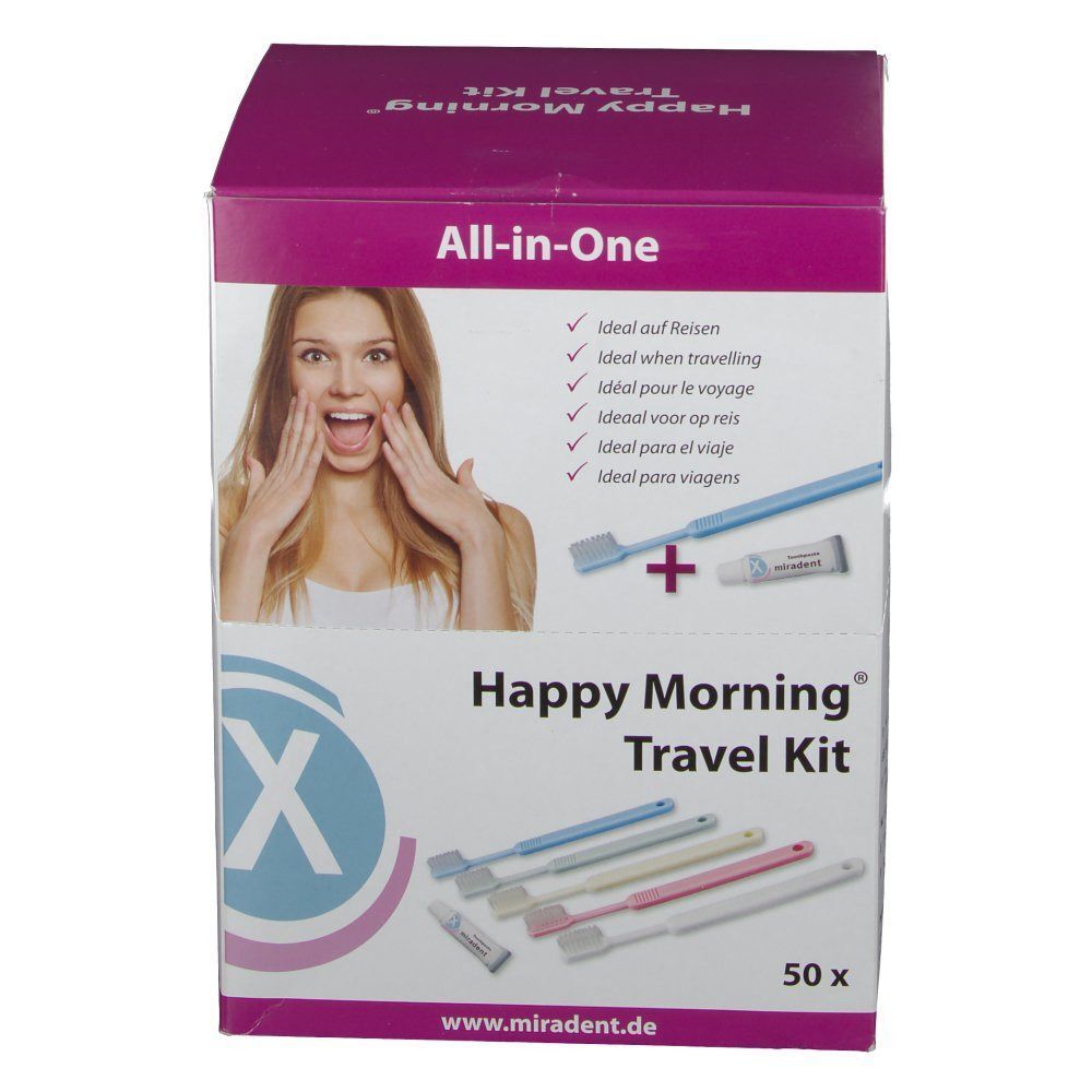Verpackung von Happy Morning® Travel Kit. Zeigt Zahnbürste, Zahnpasta und Kit-Inhalt. Marke: miradent.