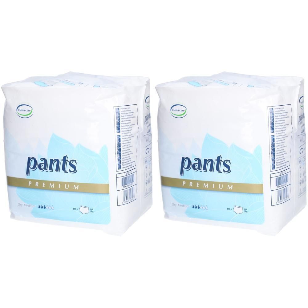 Zwei Packungen FORMA-care Pants Premium Dry. Weiße Verpackung mit blauen Akzenten und Produktbezeichnung. Aufdrucke: pants, PREMIUM.