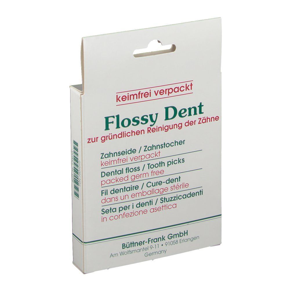 FLOSSY DENT Zahnseide/Zahnstocher-Packung. Weiße Kartonverpackung mit mehrsprachigem Text. 'Keimfrei verpackt'.