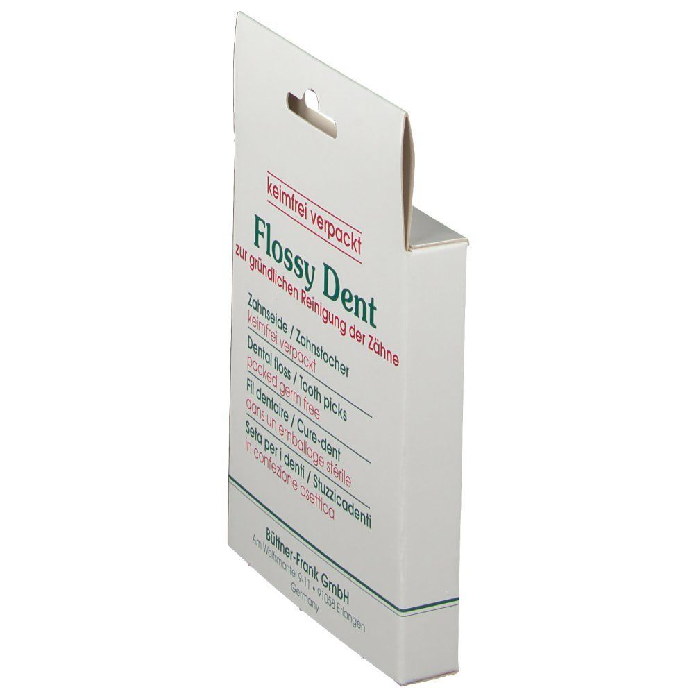 FLOSSY DENT Zahnseide/Zahnstocher-Packung. Weiße Kartonverpackung mit mehrsprachigem Text. Ansicht von der Seite.