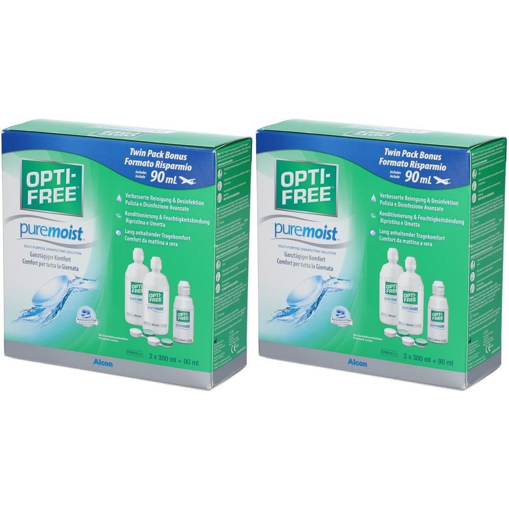 Zwei grüne Kartons mit OPTI-FREE puremoist. Aufdrucke: Twin Pack Bonus, 90 ml, Flaschen-Abbildungen. Alcon-Logo.
