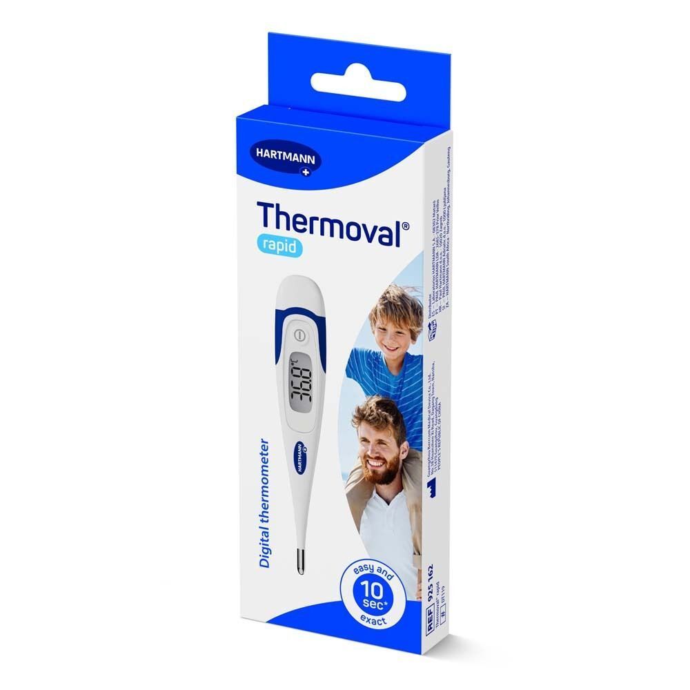 Thermoval® rapid Fieberthermometer in Verpackung. Digitalanzeige mit Temperatur. Marke Hartmann.