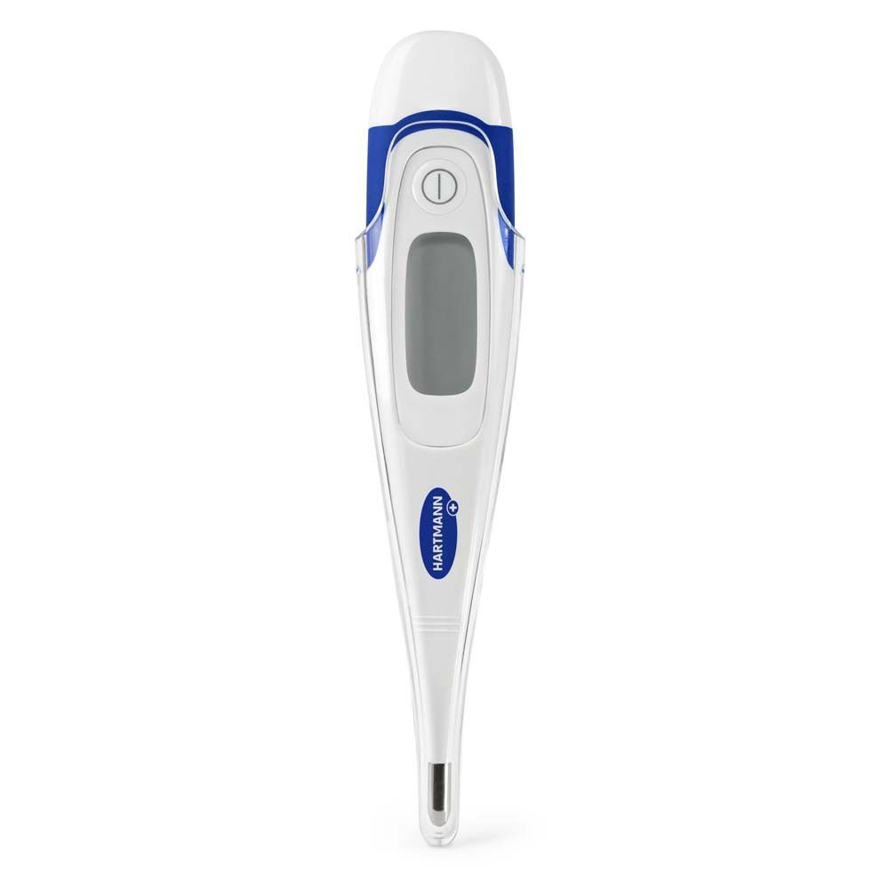 Digitales Fieberthermometer. Weiß mit blauem Akzent. Digitalanzeige. Marke Hartmann.
