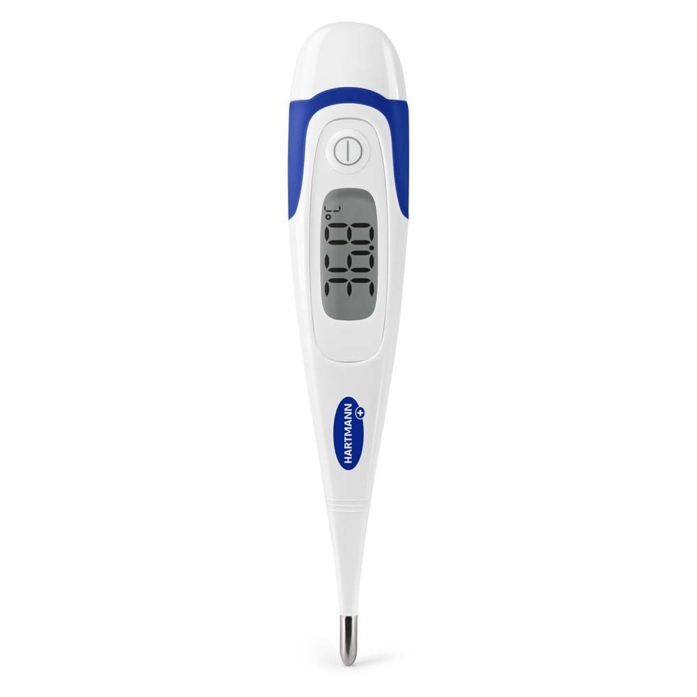 Digitales Fieberthermometer. Weiß mit blauem Akzent. Digitalanzeige mit Temperatur. Marke Hartmann.