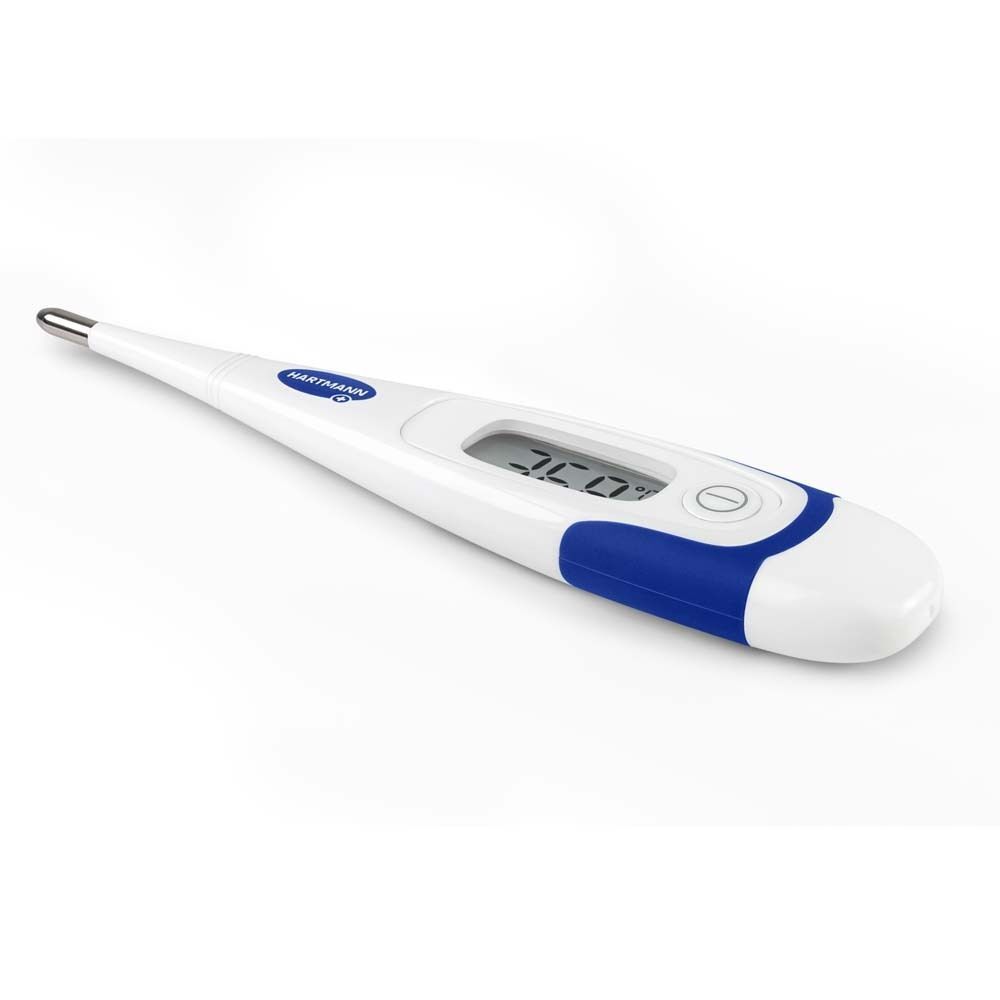 Digitales Fieberthermometer. Weiß mit blauem Akzent. Digitalanzeige mit Temperatur. Marke Hartmann.