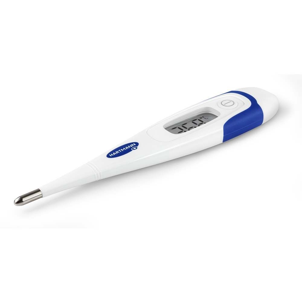 Digitales Fieberthermometer. Weiß mit blauem Akzent. Digitalanzeige mit Temperatur. Marke Hartmann.