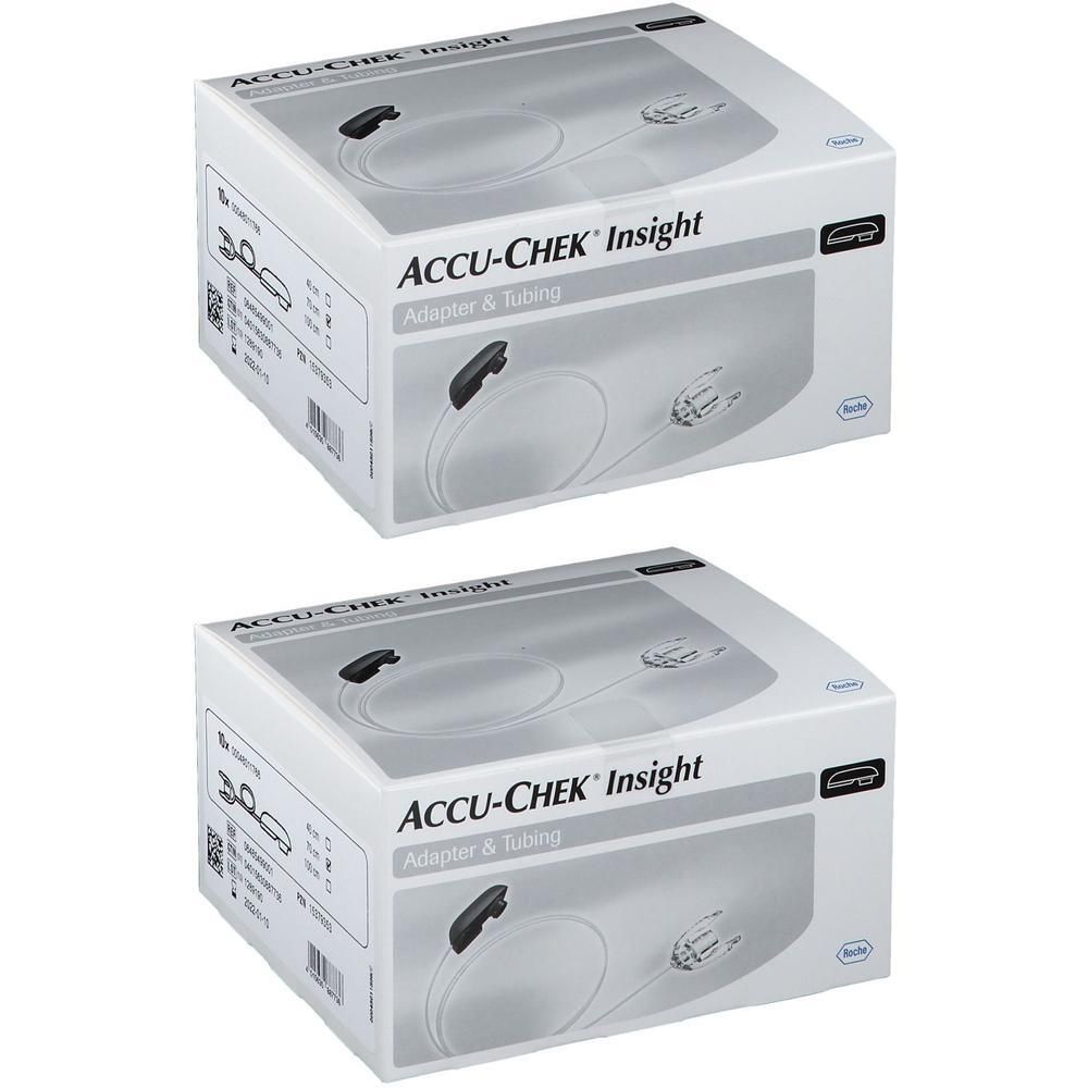 Zwei Packungen ACCU-CHEK Insight Adapter & Tubing. Weiße Kartons mit Produktabbildung und Beschriftung.