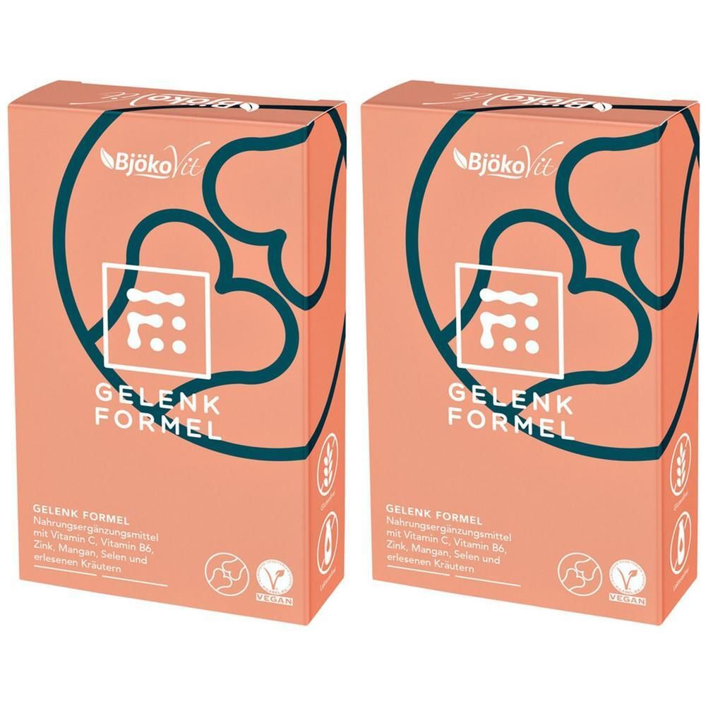 Zwei identische, rosafarbene Kartons mit der Aufschrift "Gelenk Formel" und dem Logo von BjökoVit. Grün-weiße Symbole.