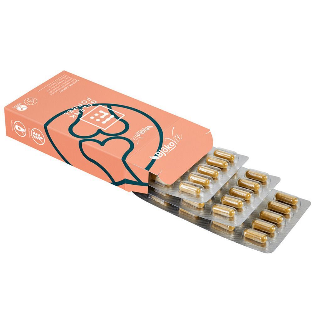 Geöffnete, rosafarbene Schachtel mit Tabletten in Blisterpackungen. Aufschrift "Gelenk Formel" und Logo von BjökoVit.