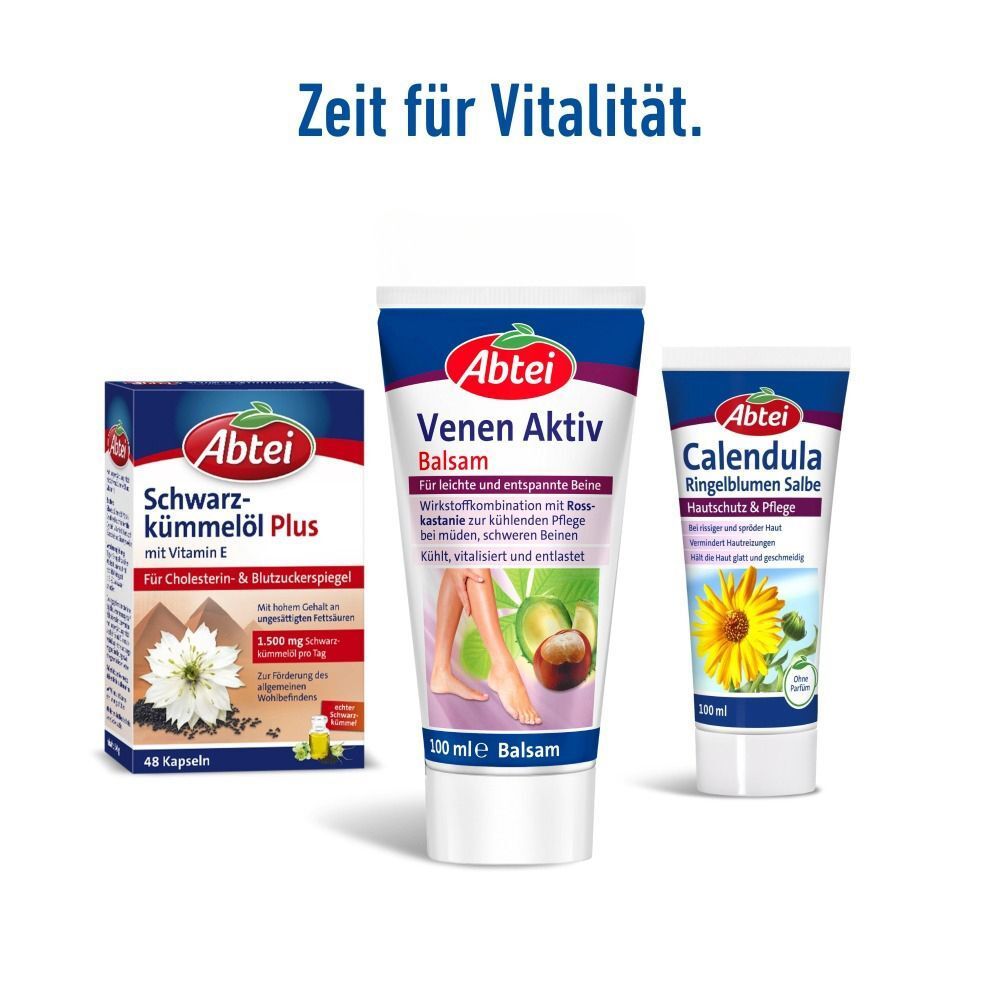 Drei Produkte: Abtei Schwarzkümmel Plus, Abtei Venen Aktiv Balsam, Abtei Calendula Ringelblumensalbe. Text: Zeit für Vitalität.
